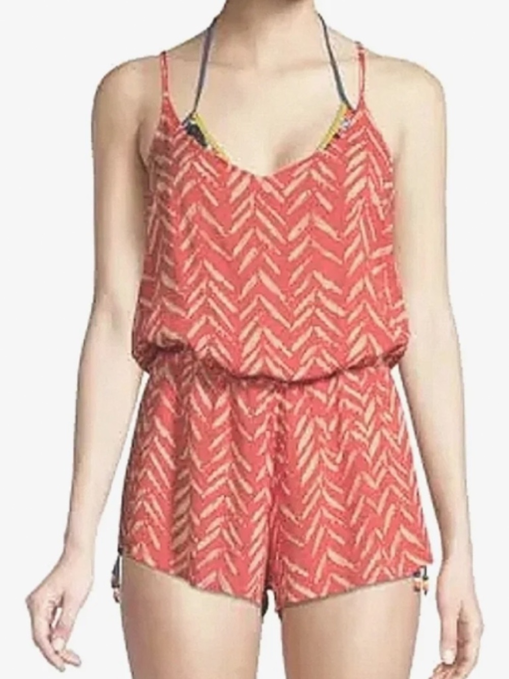 Dolce Vita Ikat Romper NEW XS Crisscross Back Rayon Racerback Cayenne Orange